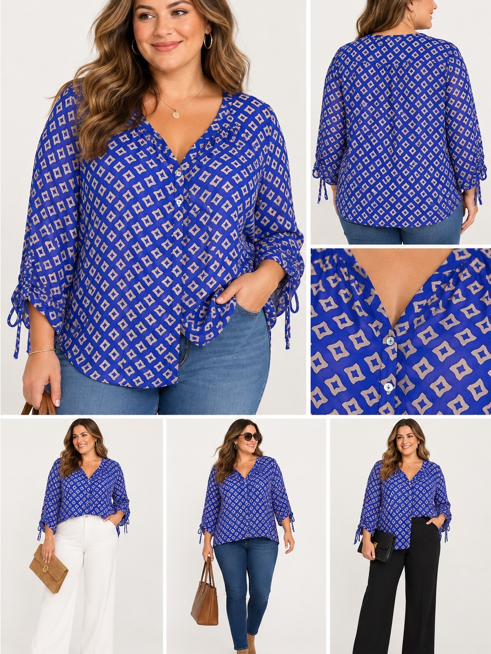 Umgee Blue Diamond-Print Button Down Blouse